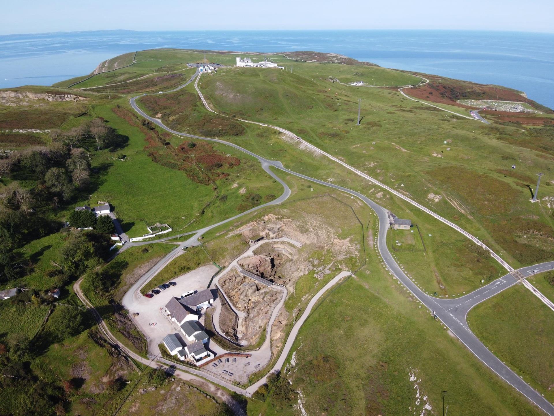 Aerial view of the mines and surrounding headland.