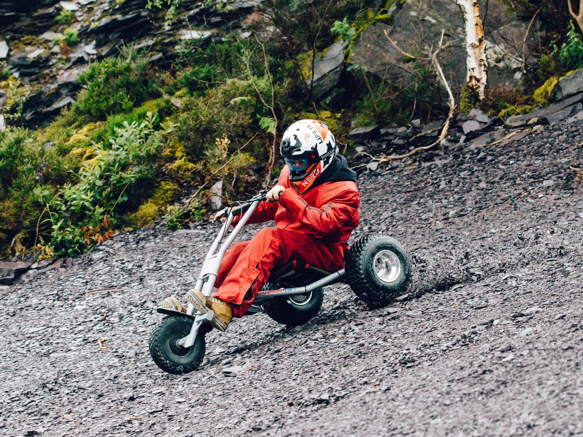 A rider takes on the Quarry Karts track