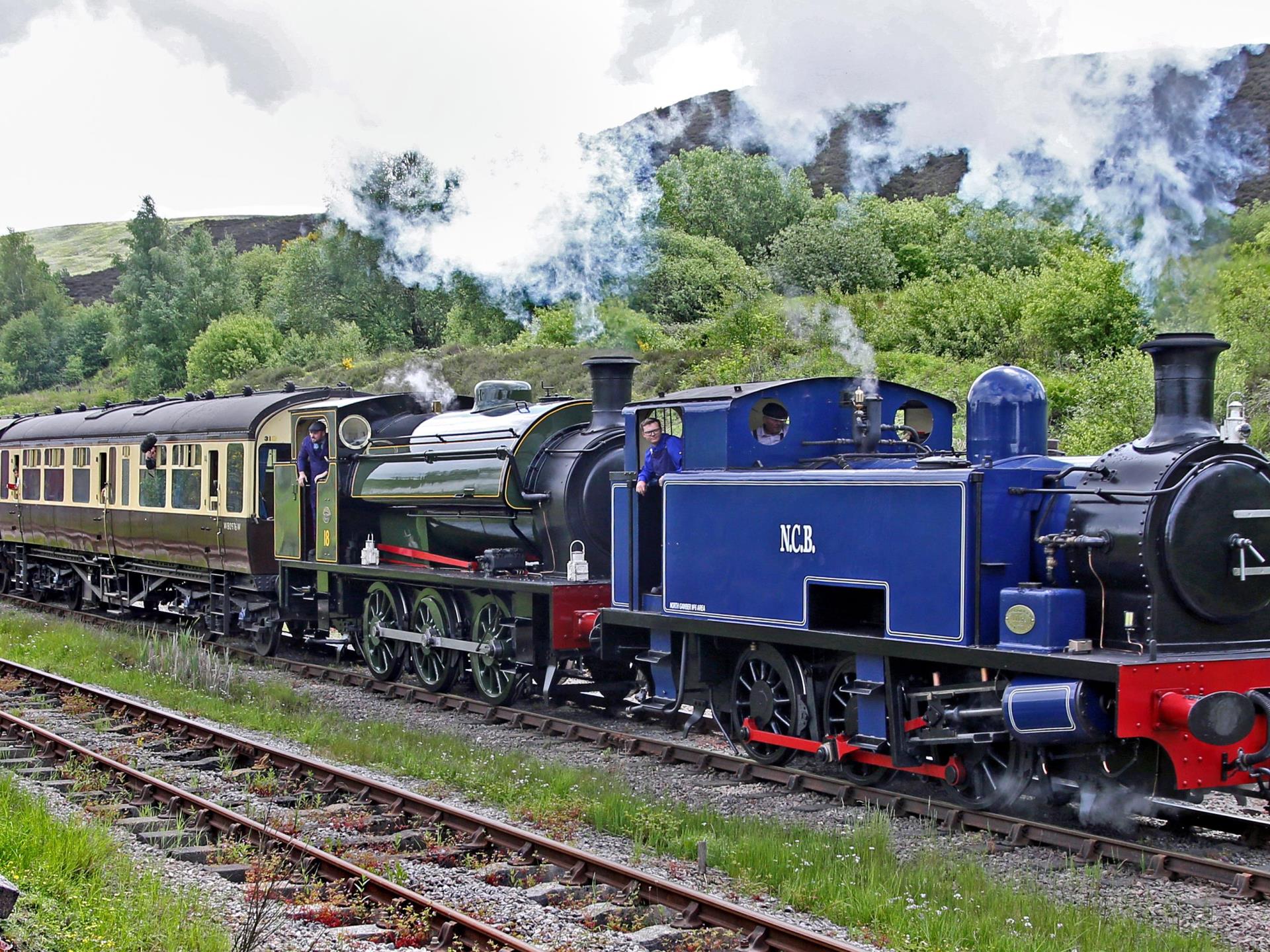 Double headed steam train at Blaenavon