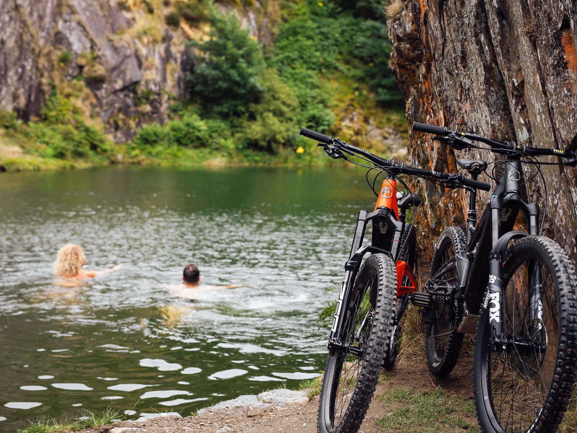Lake swim with bikes.