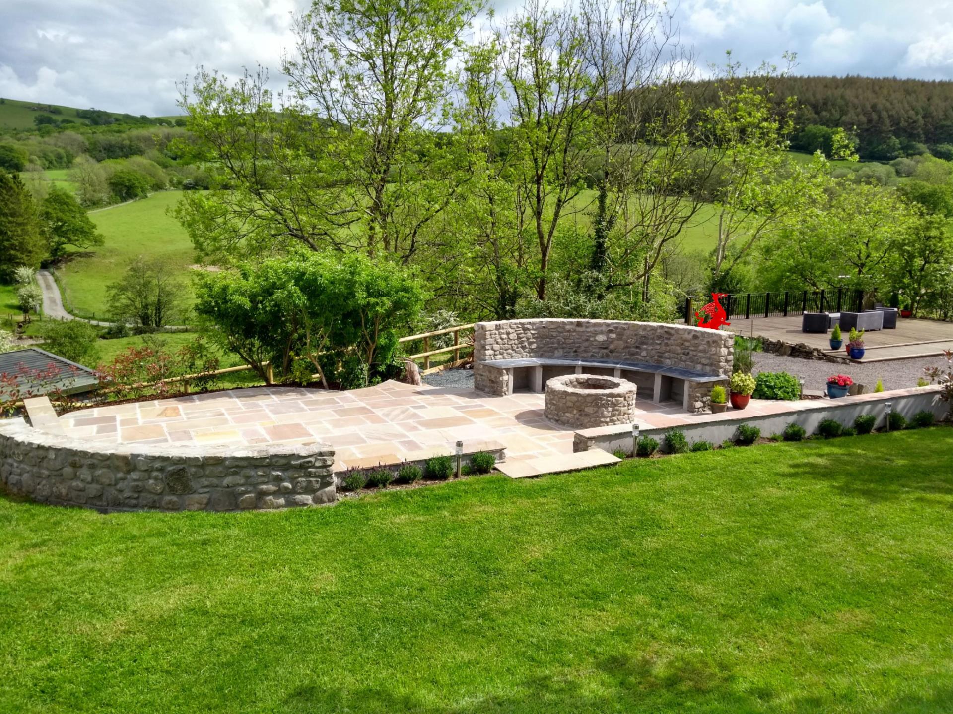 Stone and Slate Fire-Pit, Terrace & Dai the Dragon