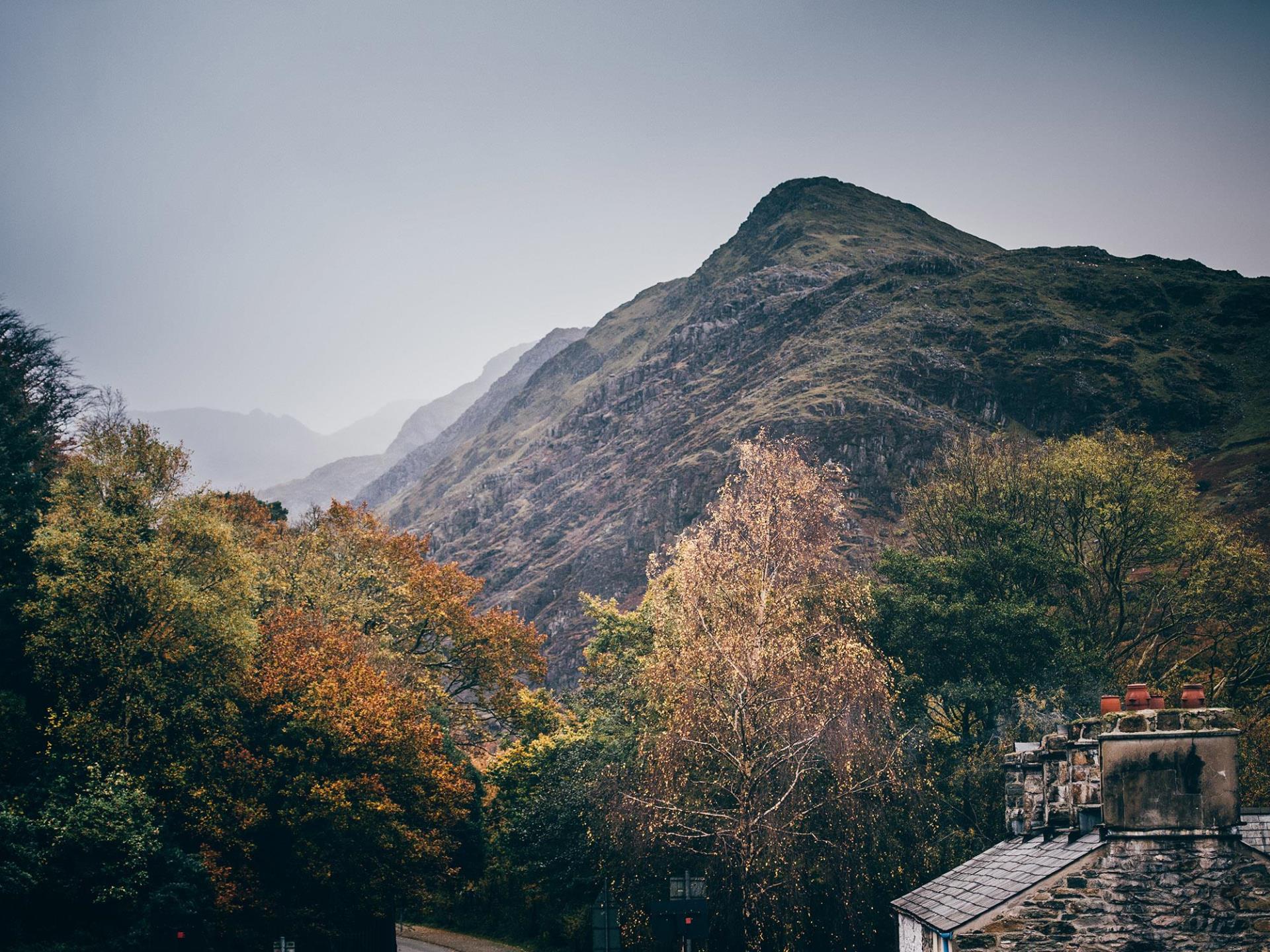 View of Snowdonia mountains from museum