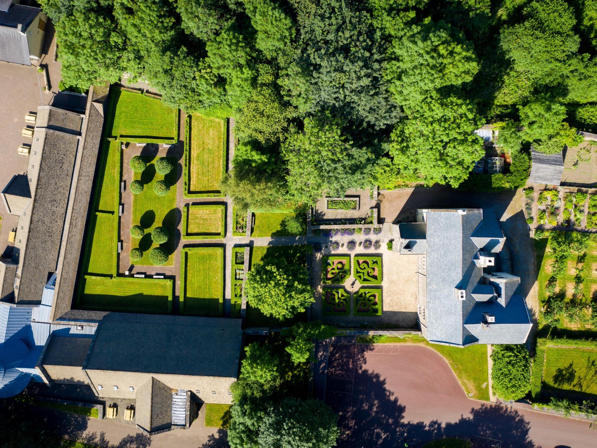 Aerial view of Llancaiach Fawr Manor and gardens