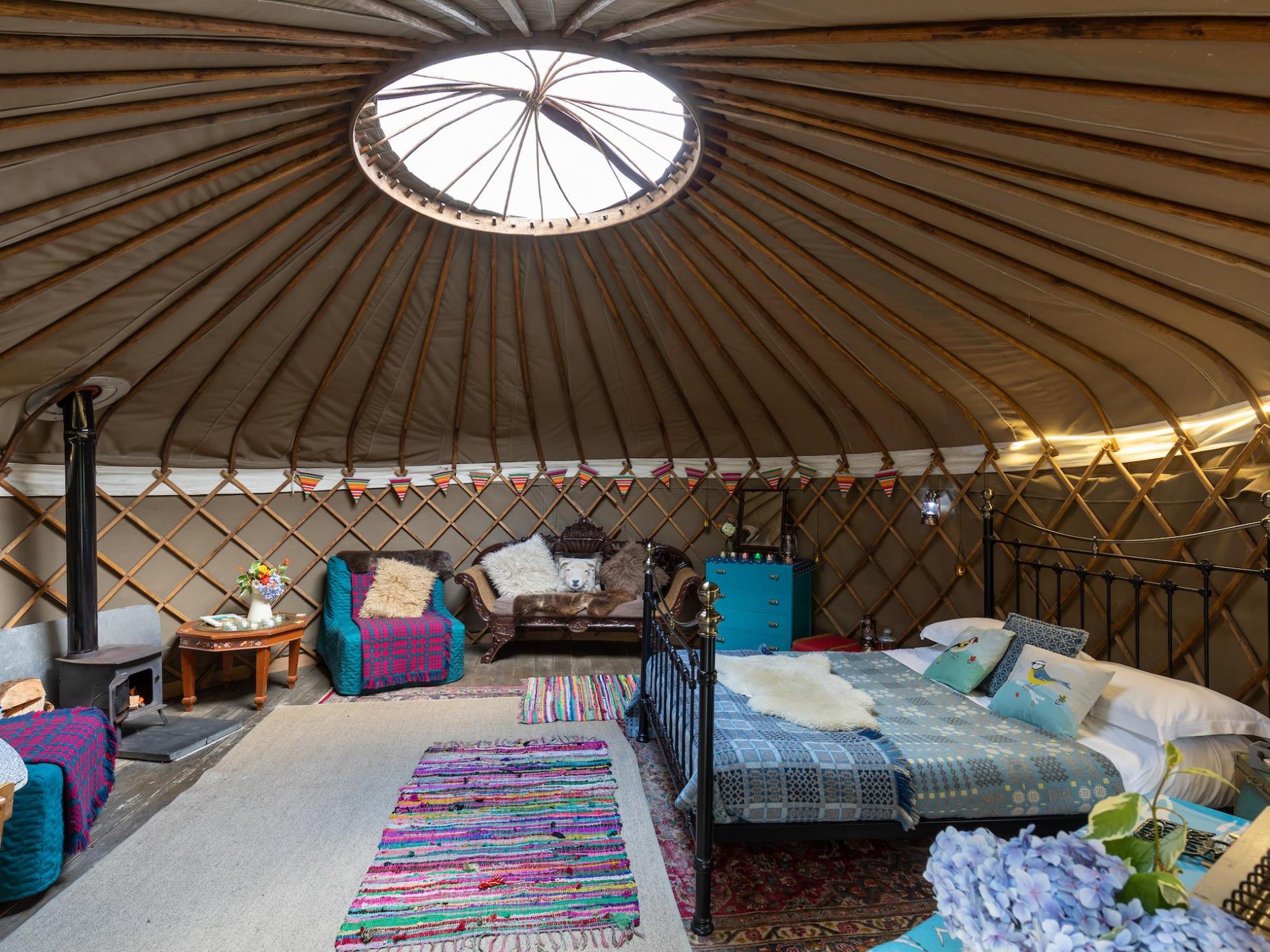 Inside large yurt at Graig Wen