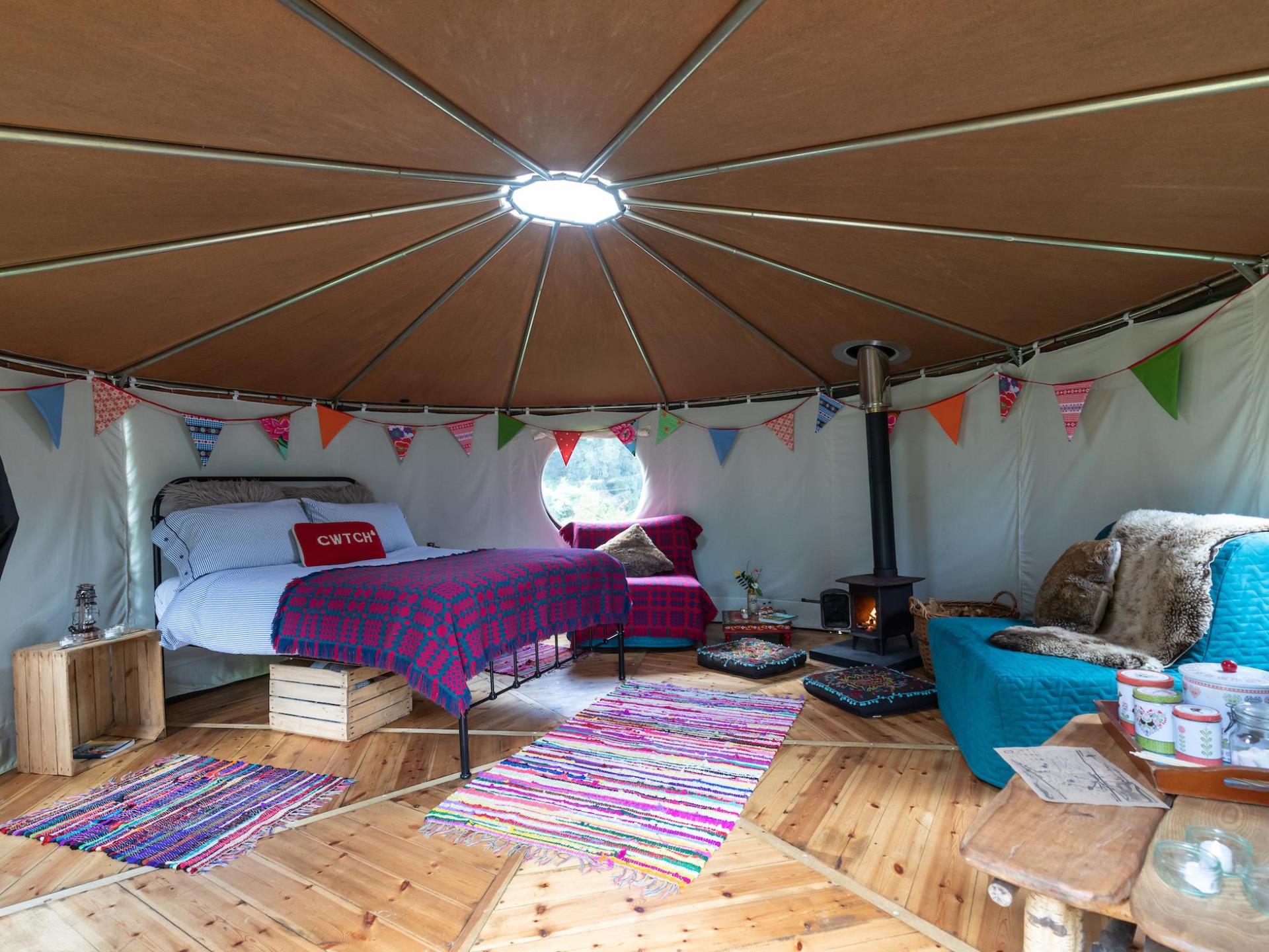 Inside Idris yurt at Graig Wen