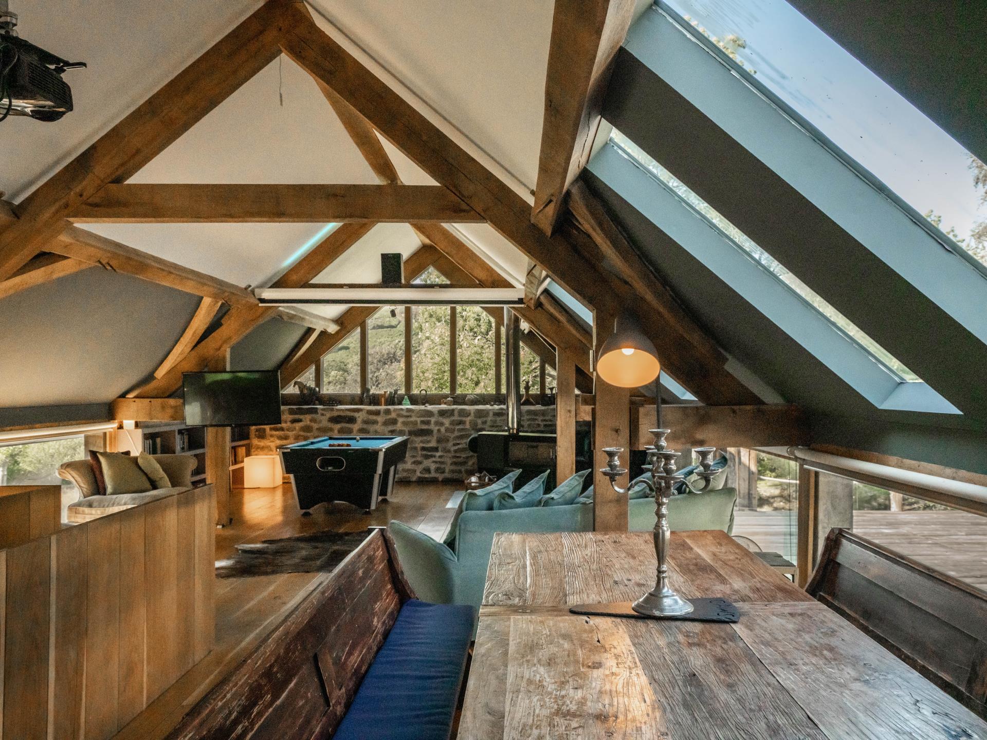 Gorgeous repurposed church pews in the dining area